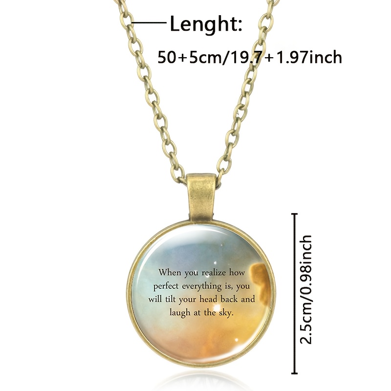 Women's Teal Round Glass Pattern Pendant Necklace, Inspirational Quote